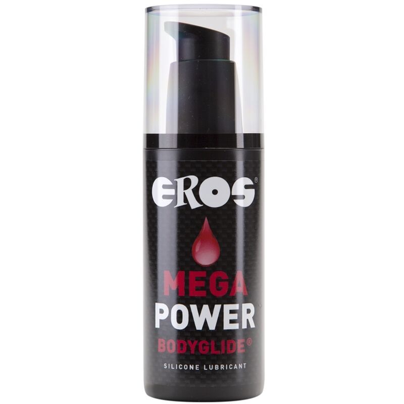 Zwarte fles met doseerpomp. Opschrift "EROS", "MEGA POWER BODYGLIDE" en "SILICONE LUBRICANT". Rode druppel.