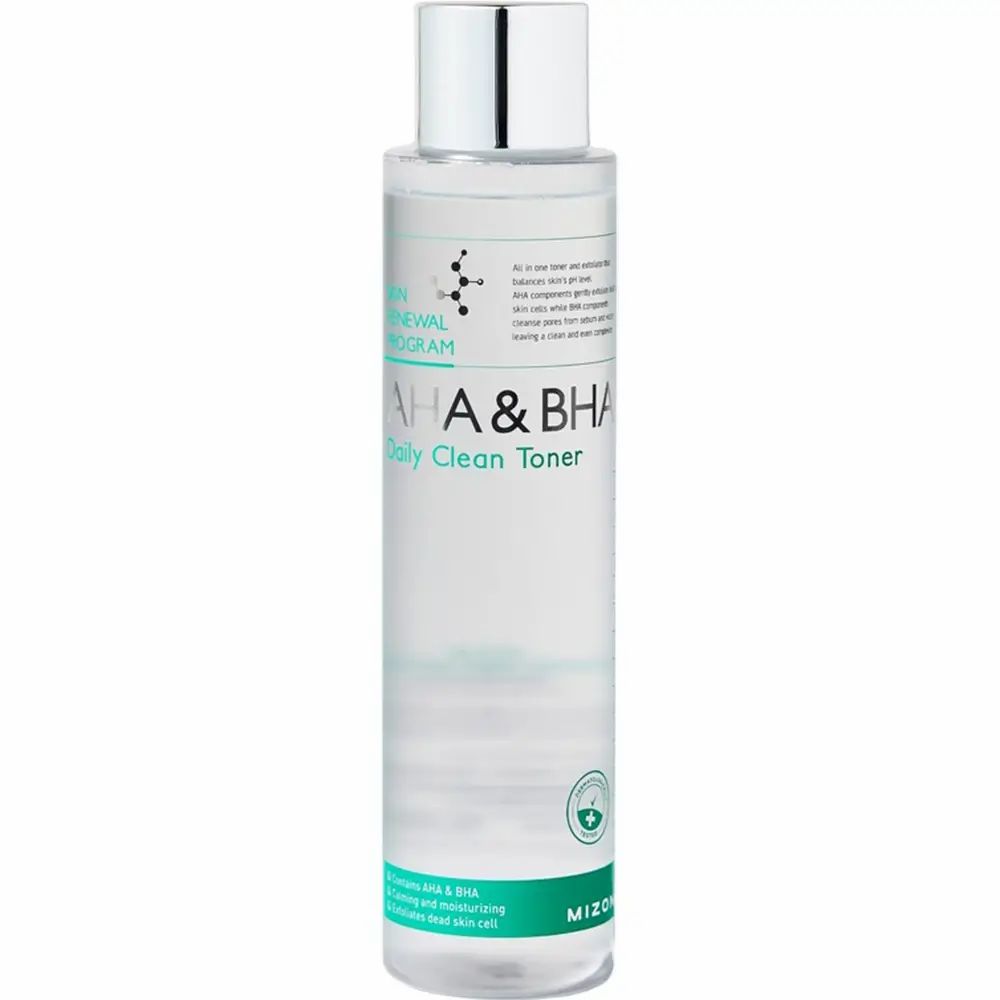 Transparante gezichtstoner in cilindrische fles met zilveren dop. Tekst: AHA & BHA Daily Clean Toner. Groen-wit etiket.