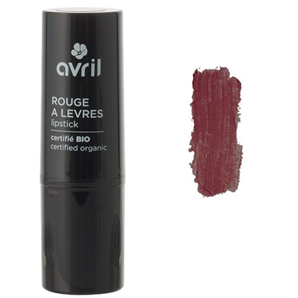 Tube de rouge à lèvres noir avec "avril", "Rouge a levres lipstick" et "certifié BIO". À côté, un échantillon de couleur bordeaux.
