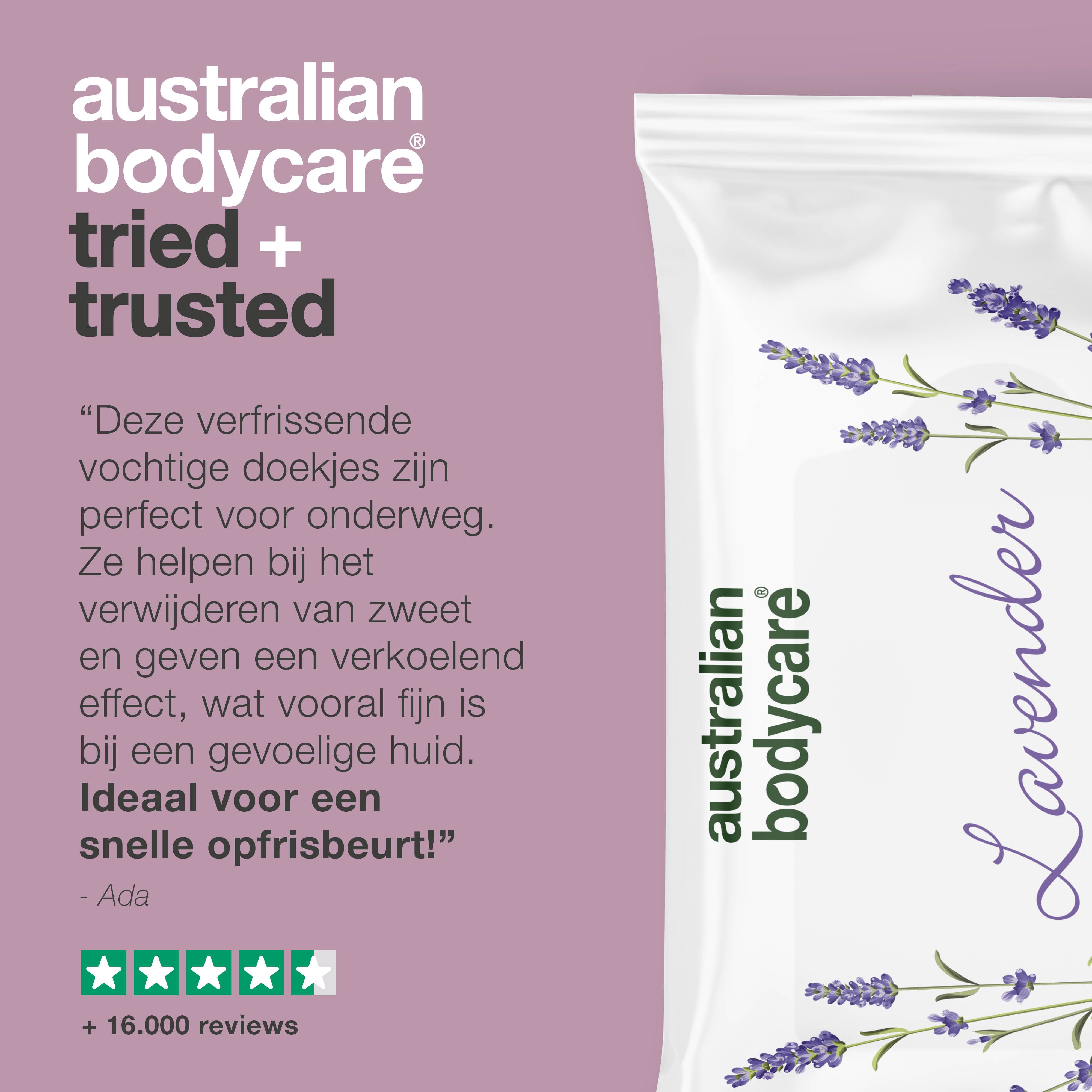 Verpakking met tekst en illustraties. Tekst: Australian Bodycare, Lavender, Wet Wipes.