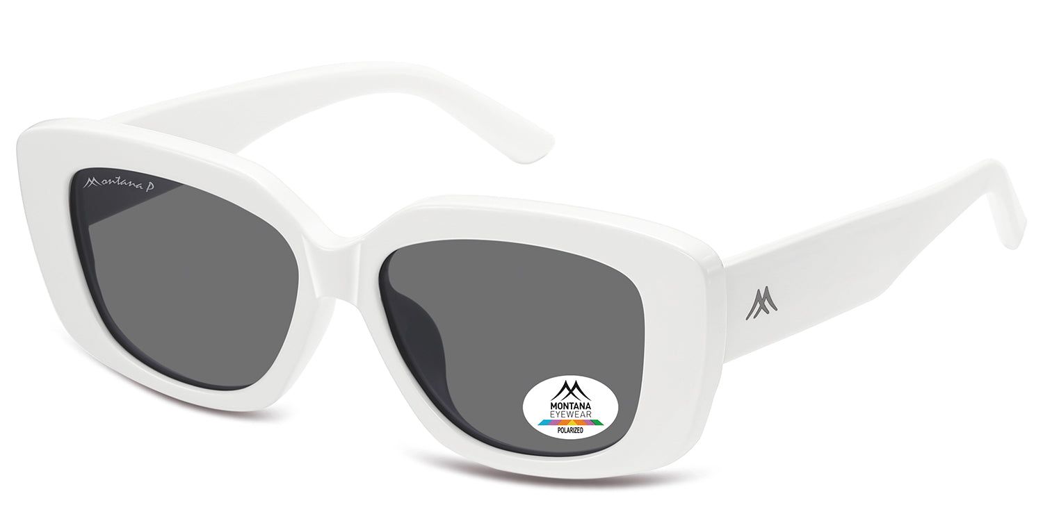 Lunettes de soleil blanches, en biais. Verres gris, monture blanche. "Montana" sur la lentille gauche. Logo sur la branche droite. Autocollant "Polarized" sur la lentille droite.