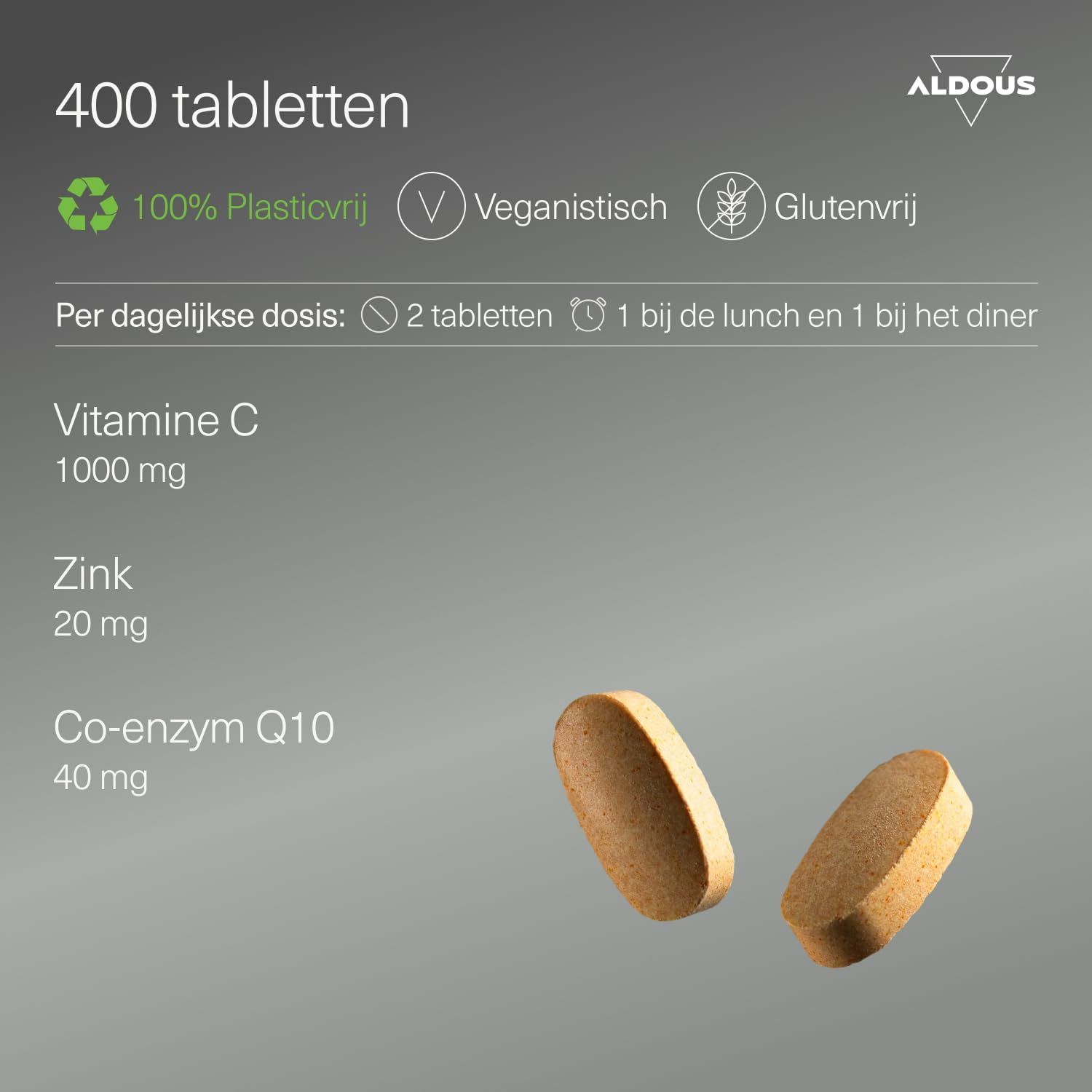 400 tabletten, 100% plasticvrij, veganistisch, glutenvrij. Bevat Vitamine C, Zink en Co-enzym Q10.