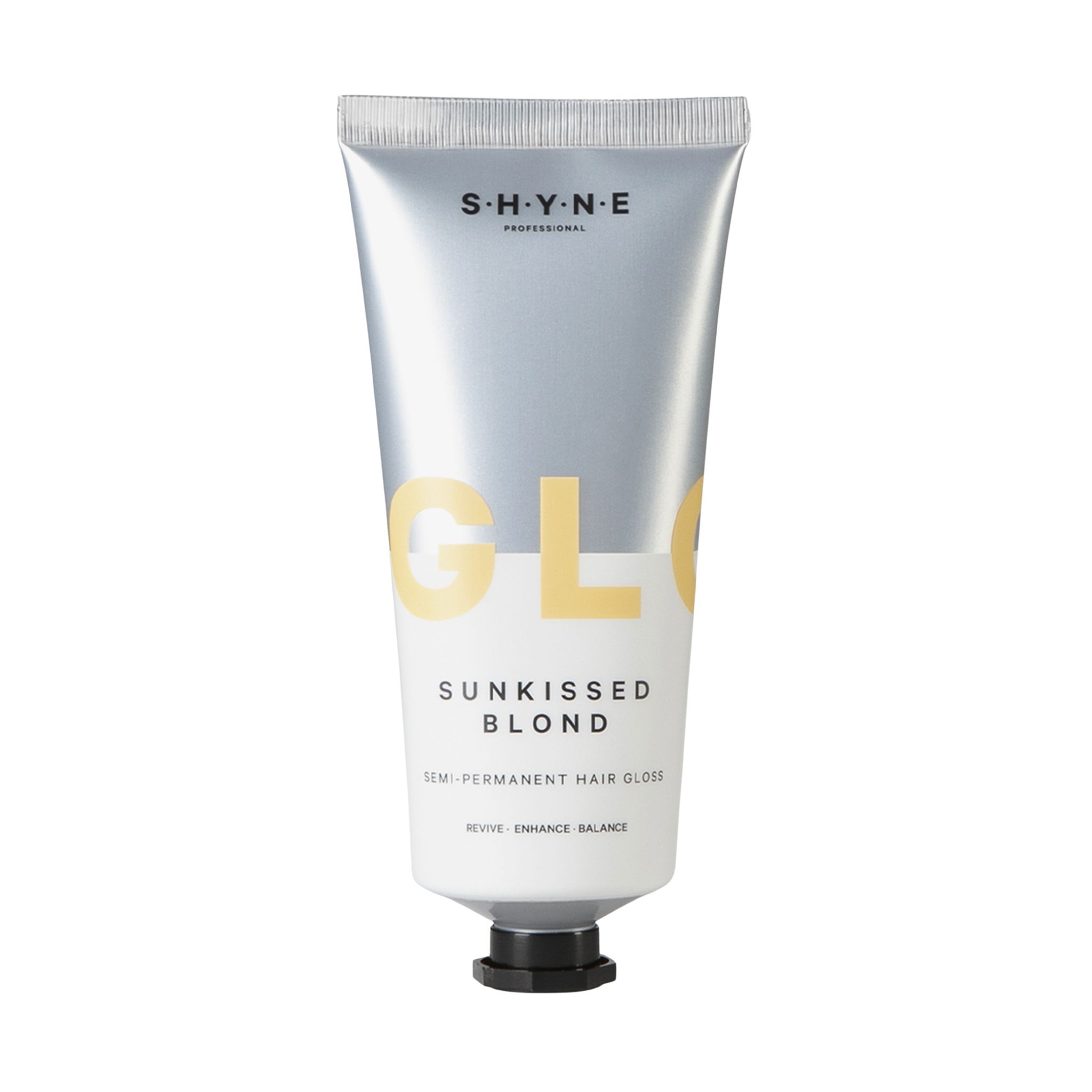 Tube SHYNE Gloss Sunkissed Blond. Tube argentée avec lettrage jaune GLOW et nom du produit. Fermeture noire.