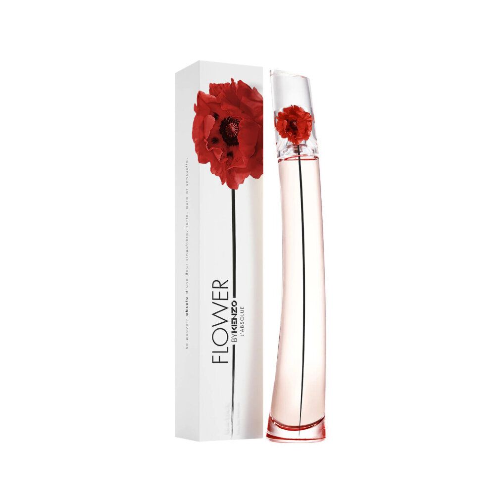 Flacon de parfum KENZO FLOWER L ABSOLUE EDP 100 ML et son emballage, avec un coquelicot rouge.