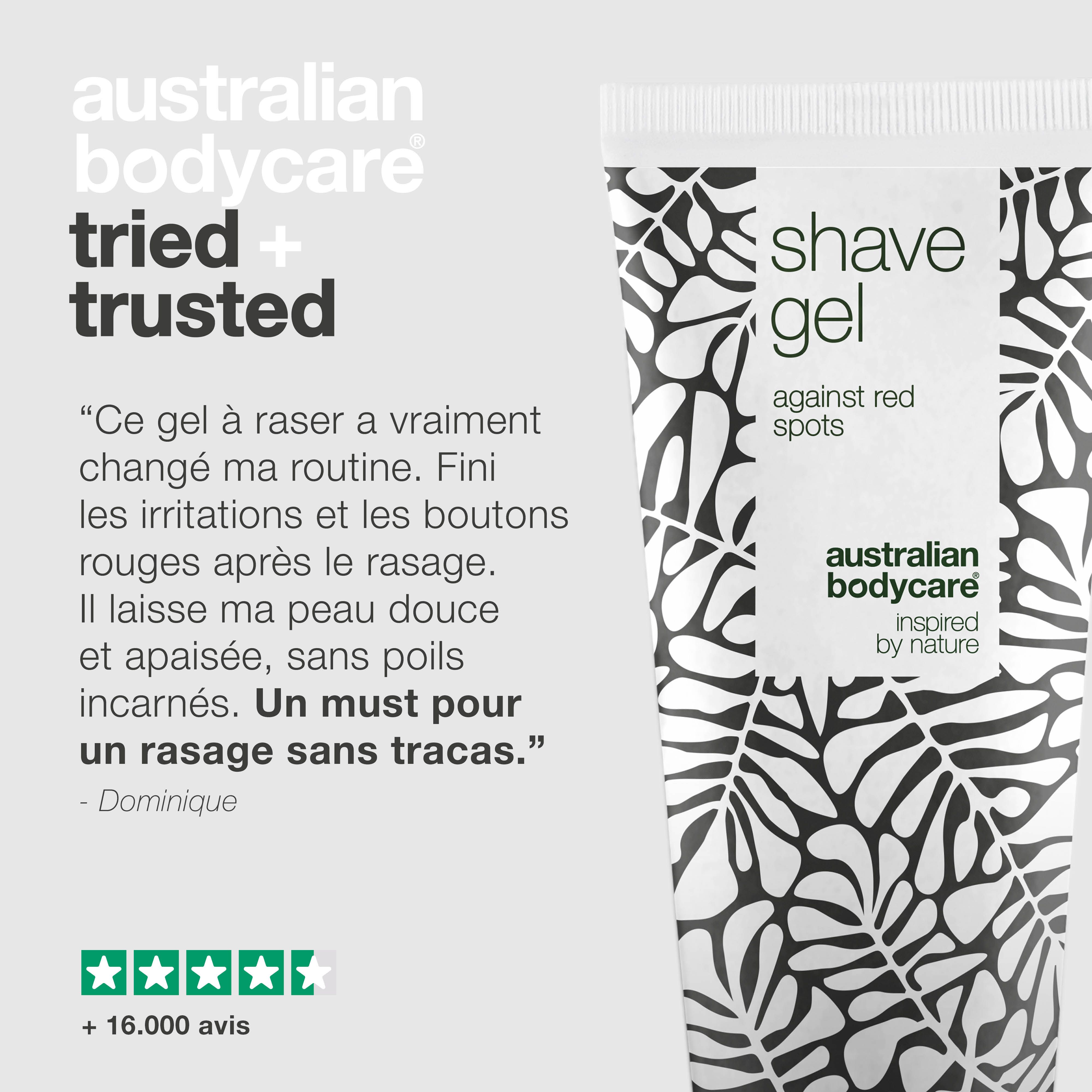Tube de gel à raser avec texte. Inscription: shave gel against red spots. Australian Bodycare. Testé et approuvé.