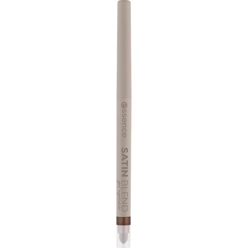 Eyeliner gel Essence Satin Blend. Crayon beige avec mine marron. Nom du produit et marque imprimés sur le crayon.