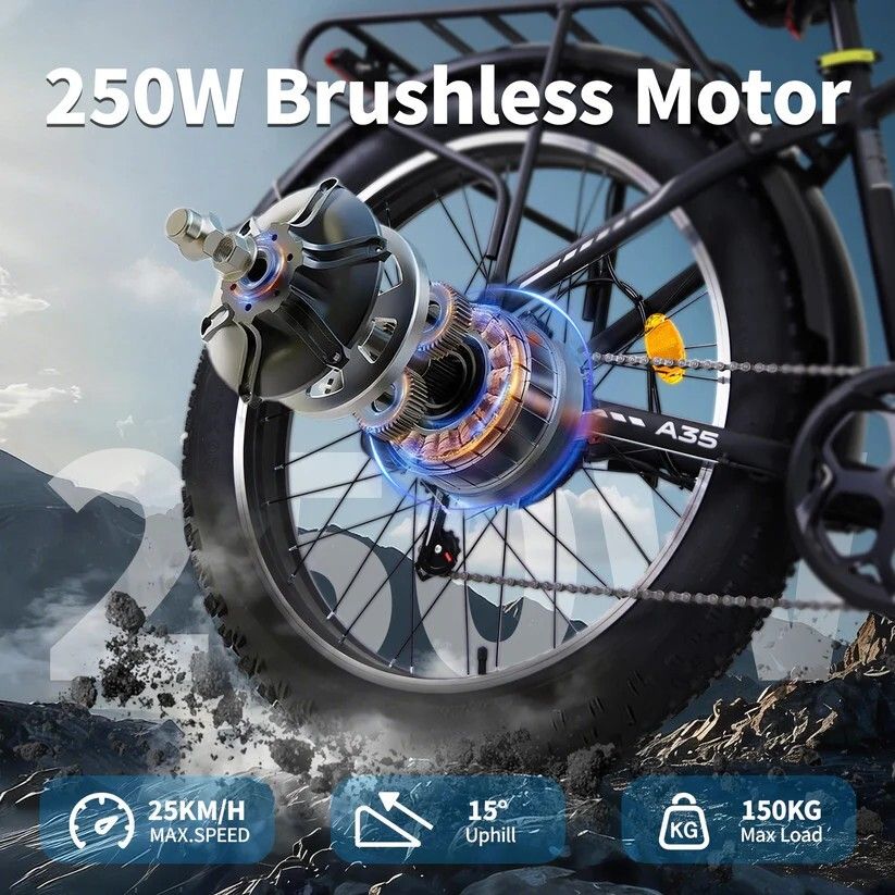 Gros plan sur la roue arrière d'un vélo électrique. Montre le moteur, les engrenages et les spécifications. Texte : Moteur 250W, 25KM/H, 15° Uphill, 150KG Max Load.