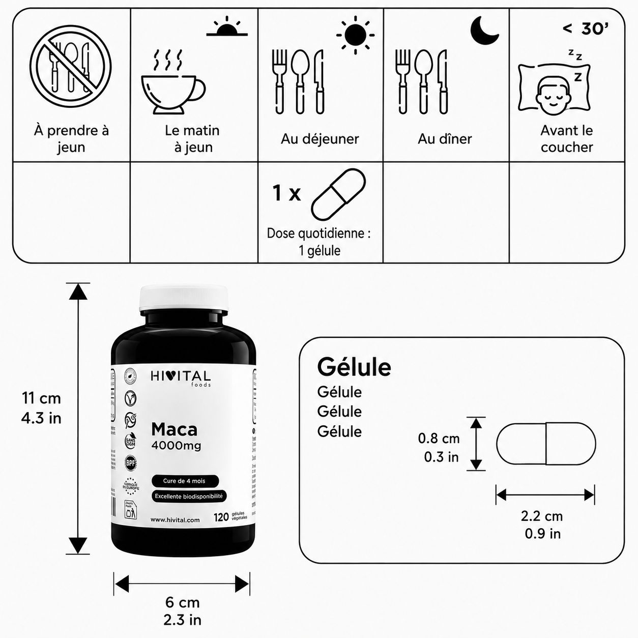 Flacon noir de gélules Maca 4000mg, 11cm haut, 6cm large. Contient 120 gélules. Dimensions gélule: 2.2cm x 0.8cm.