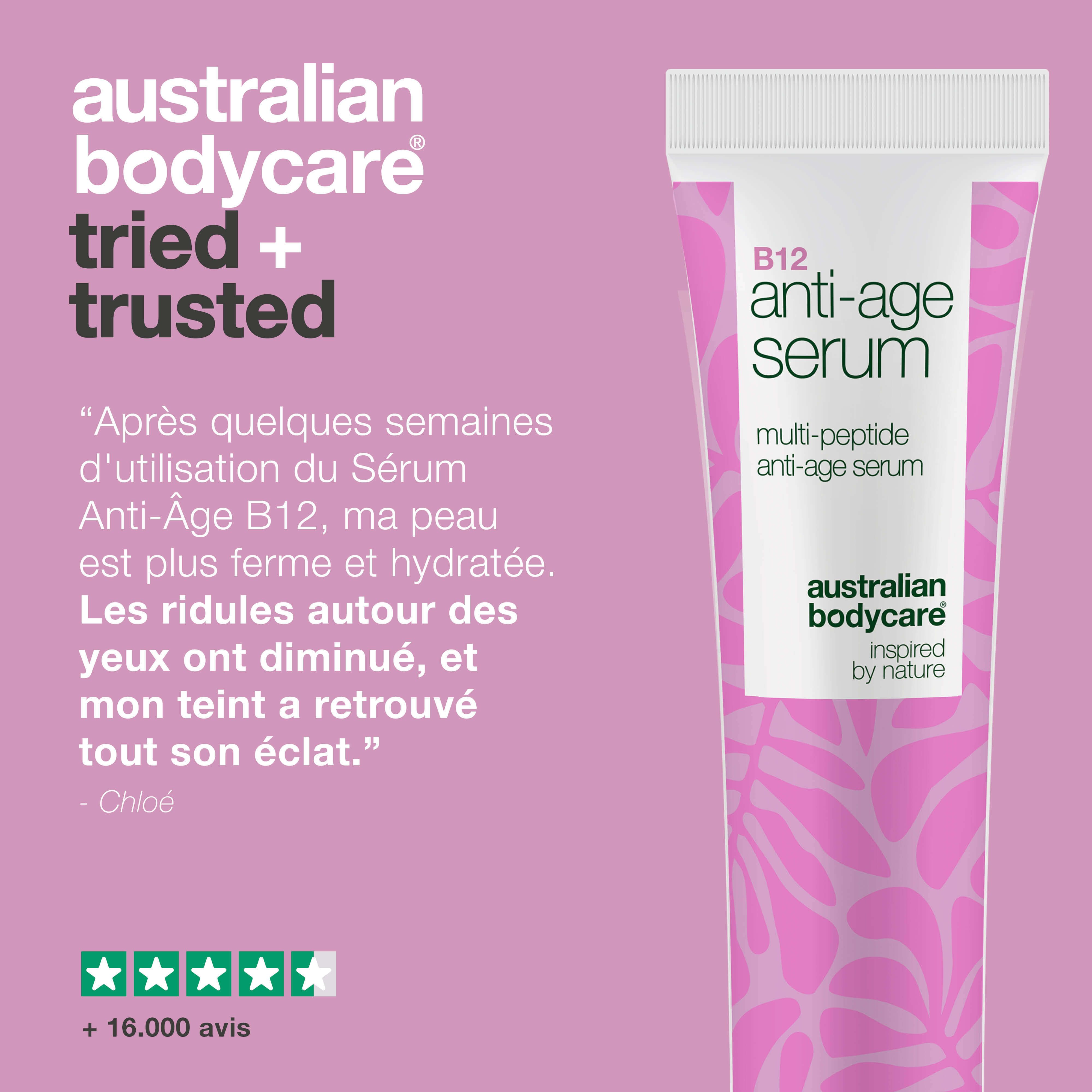 Tube de sérum anti-âge B12. Citation : peau plus ferme, hydratée, moins de rides, teint éclatant. Logo et évaluation par étoiles.