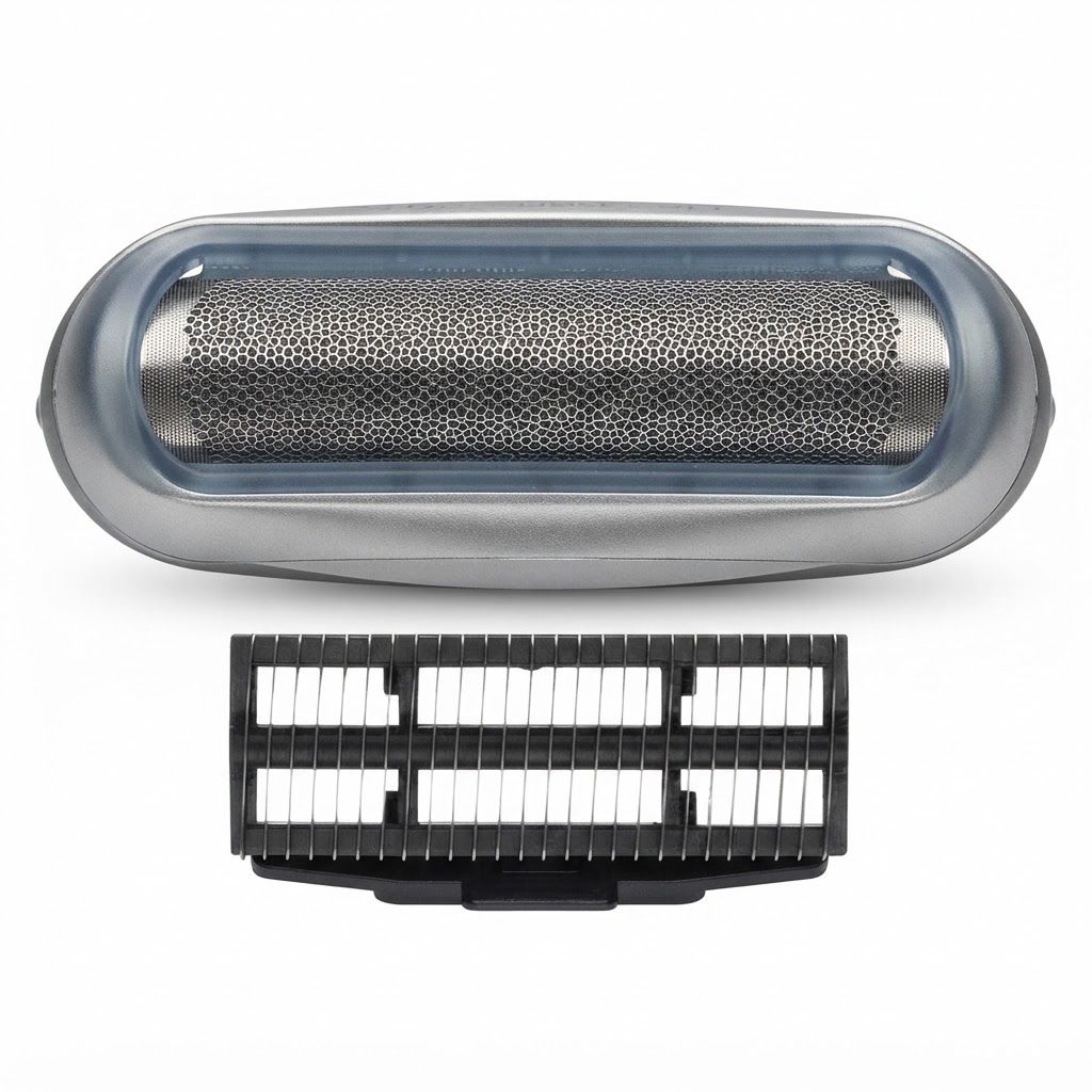 Scheerhoofd met zilverkleurig metalen gaas en transparant frame, ernaast een zwarte trimmeropzetstuk met metalen mesjes.