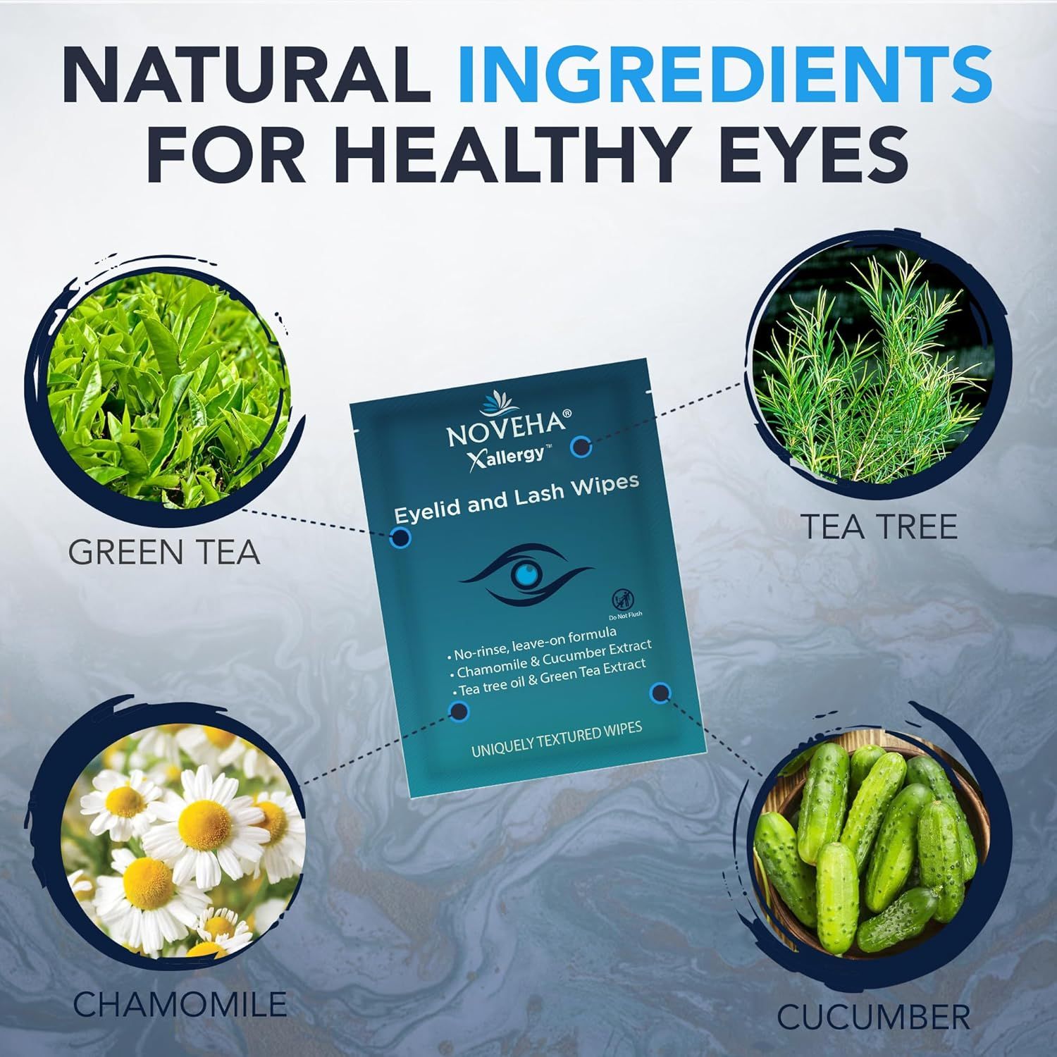 Productverpakking met NOVEHA Xallergy Eyelid and Lash Wipes. Ingrediënten: groene thee, tea tree, kamille, komkommer.