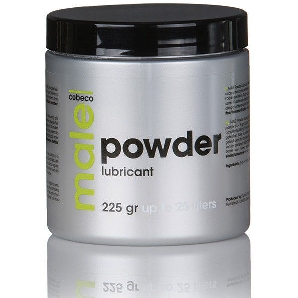 Cobeco Male Powder glijmiddel in zilverkleurige pot met zwarte deksel. 225g.