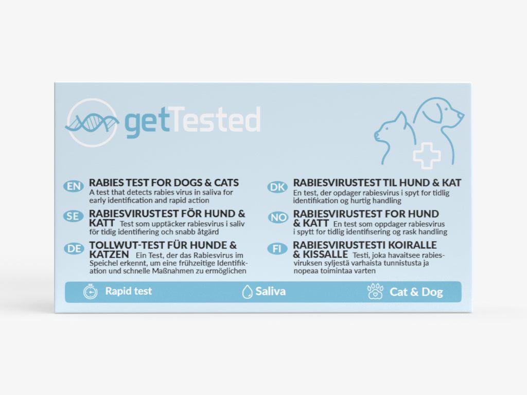 Test GetTested pour la rage pour chiens et chats. Emballage avec informations et logo. Pour échantillons de salive.