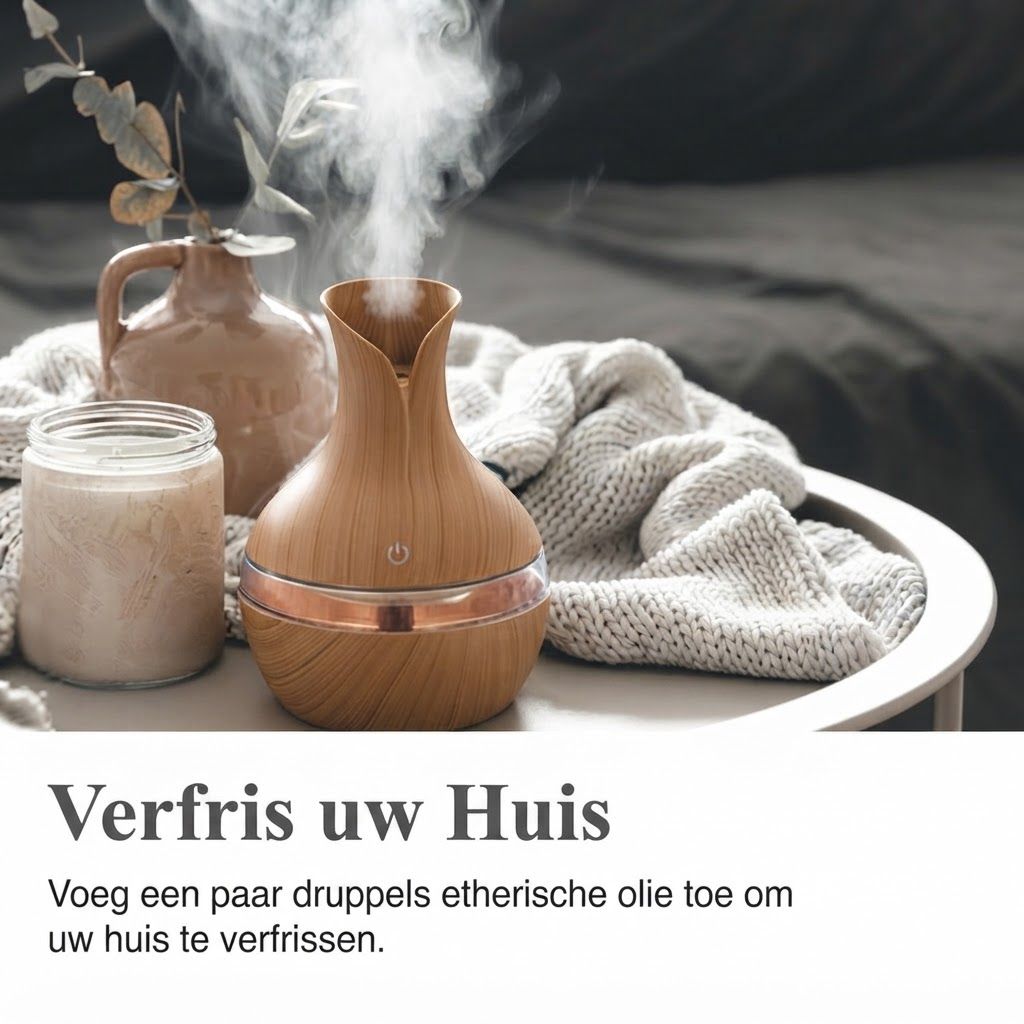 Diffuser voor etherische olie geeft stoom af, naast kaars en vaas. Om uw huis te verfrissen.