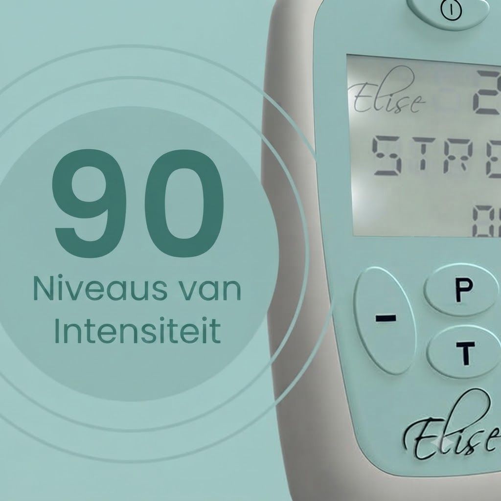 Een lichtblauw apparaat met digitaal display en knoppen. Toont '90 Niveaus van Intensiteit'.