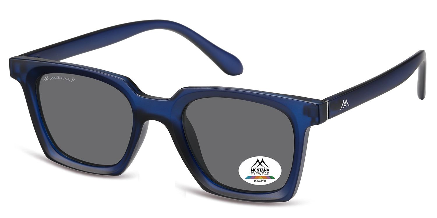 Lunettes de soleil bleues, vues en biais. Un autocollant avec le logo et l'inscription 'Polarized' est visible sur un verre.