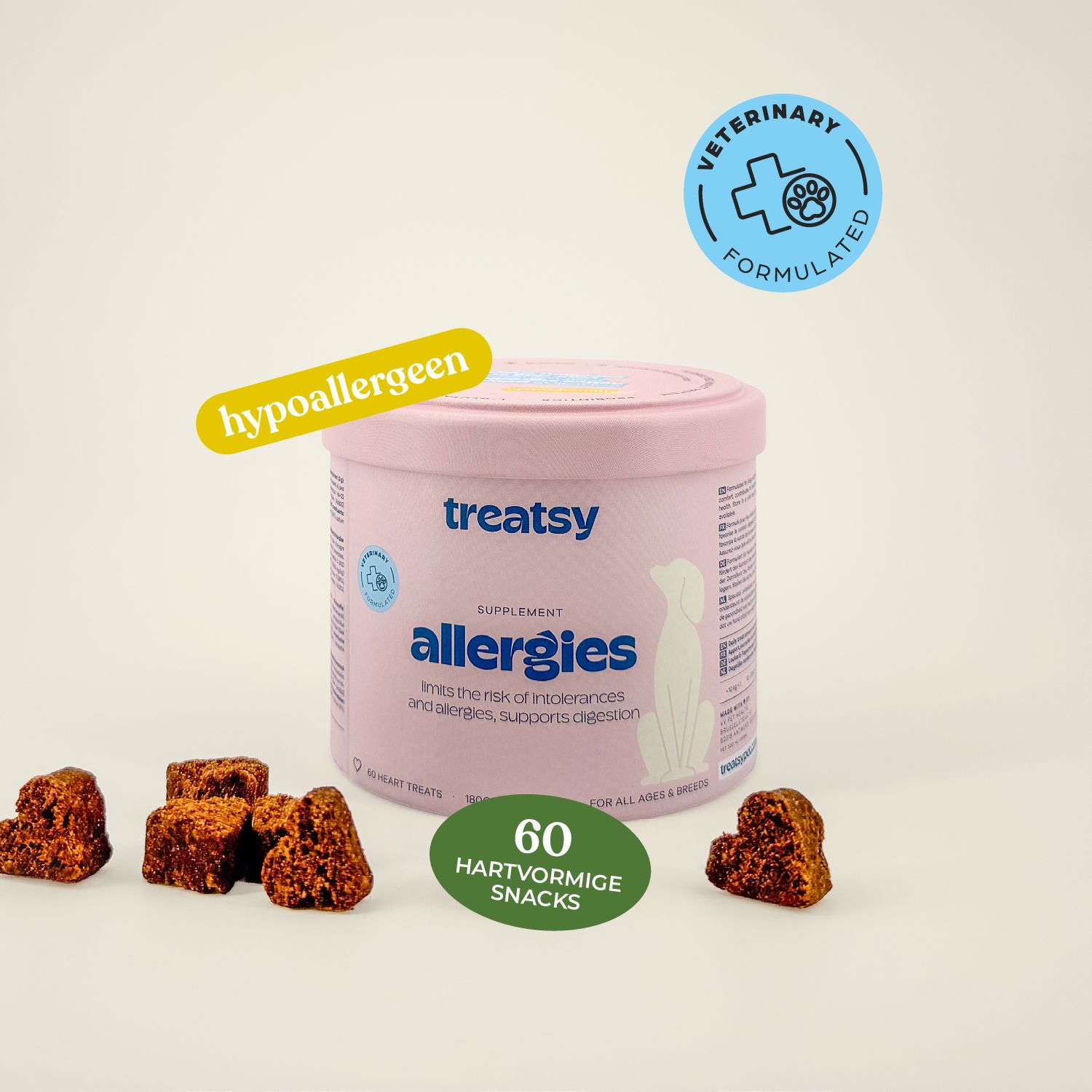 Roze pot met "Treatsy Allergies". Tekst: "Hypoallergeen". Logo: "Veterinary Formulated".