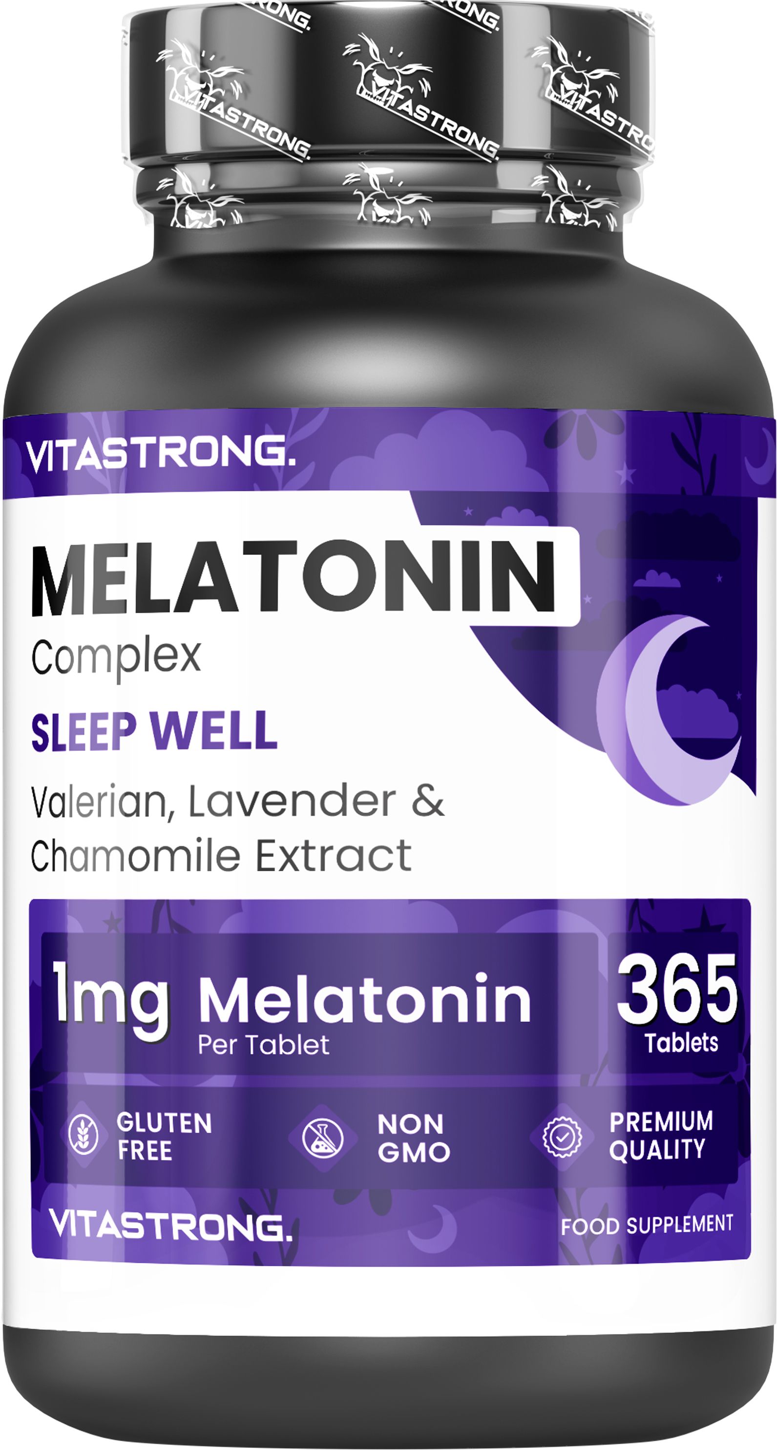 Vitastrong Melatonin Complex fles met 365 microtabletten.