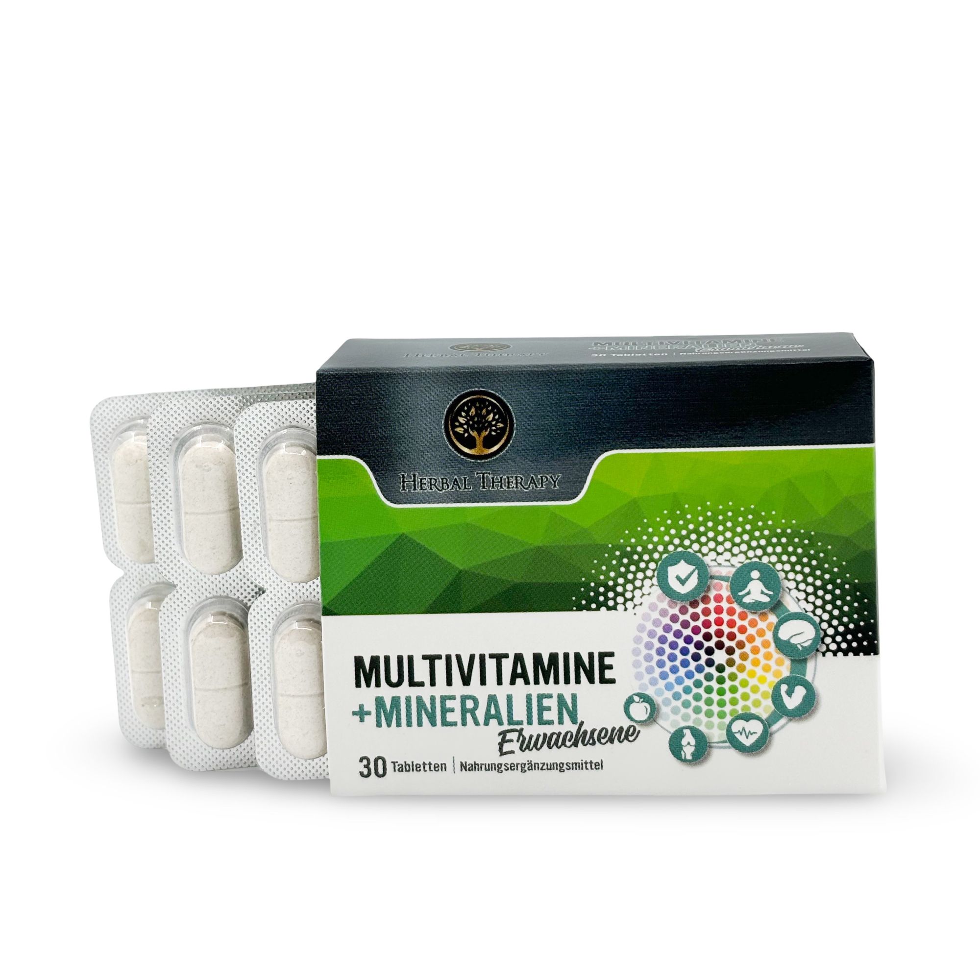 Verpakking "Herbal Therapy MULTIVITAMINE + MINERALIEN für Erwachsene" met geopende blister. Tabletten zichtbaar. Logo en productnaam.