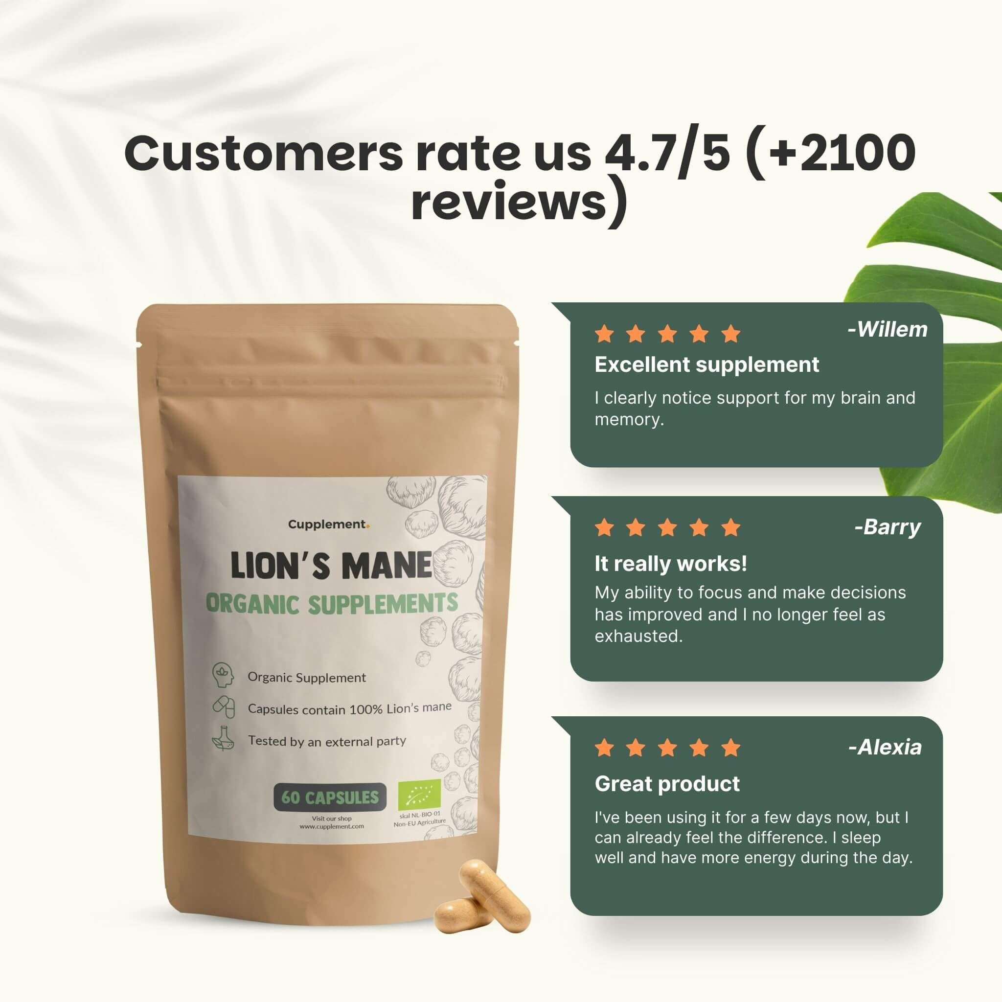 Sachet marron avec gélules. Inscription : Lion's Mane Organic Supplements. 60 gélules. Avis clients.