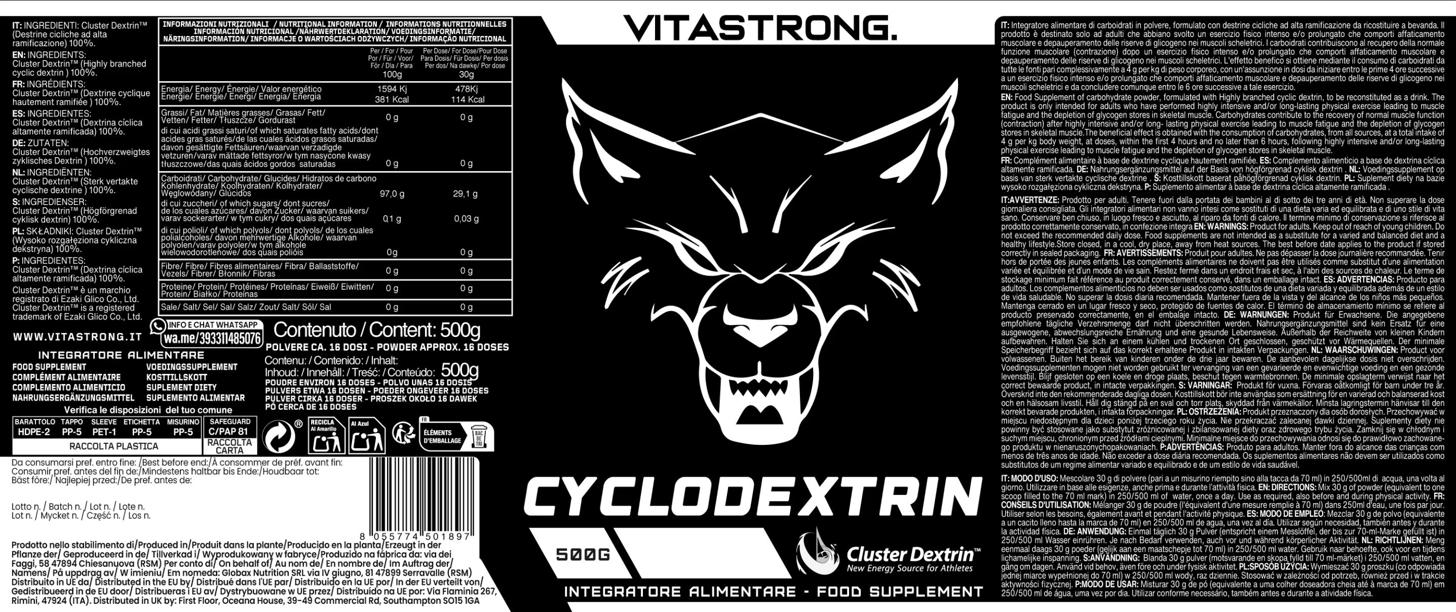 Zwart etiket met witte wolfskop, tekst: CYCLODEXTRIN, Cluster Dextrin, voedingssupplement, Vitastrong.