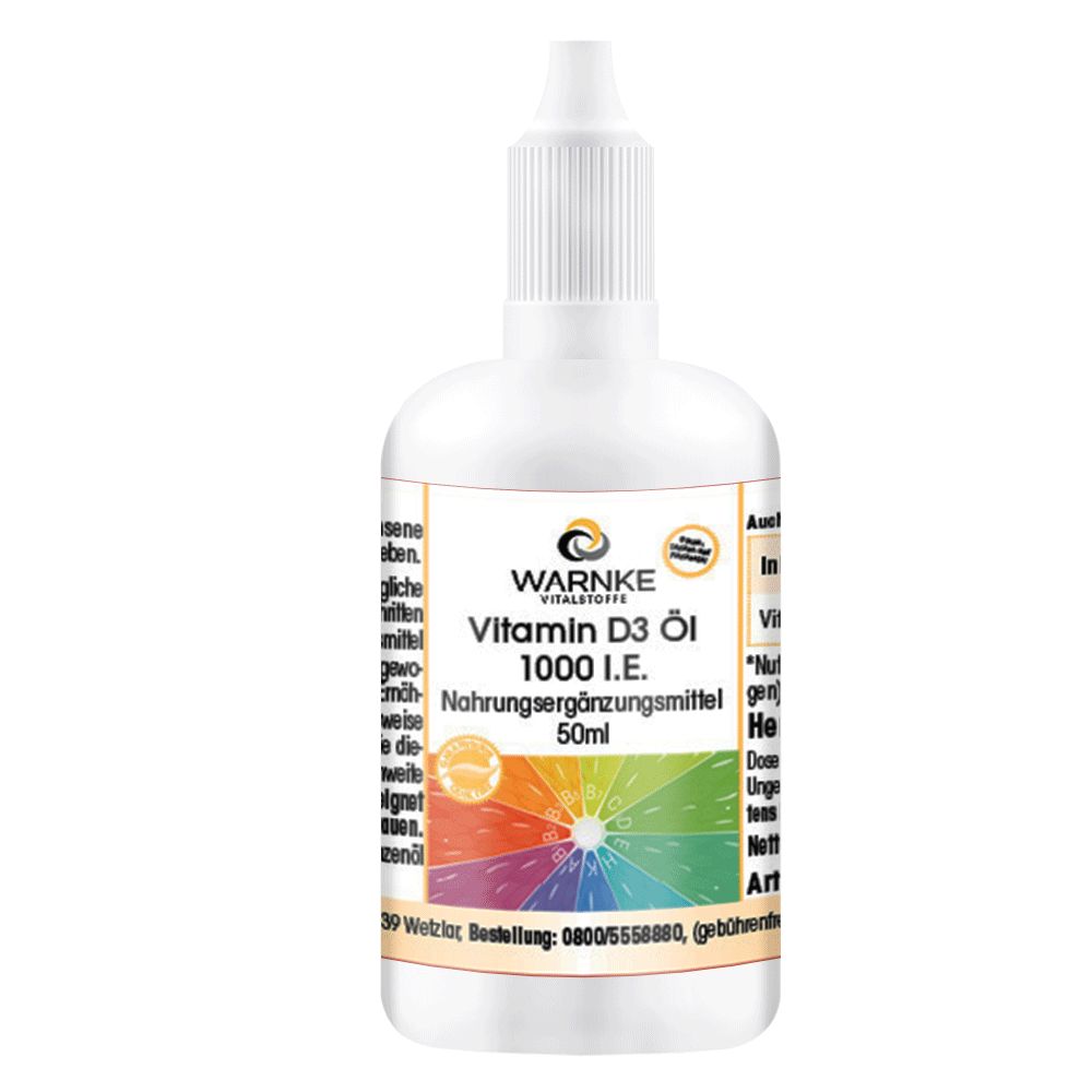 Witte fles met druppelaar. Opschrift: Warnke Vitalstoffe Vitamin D3 Öl, 1000 I.E., voedingssupplement.