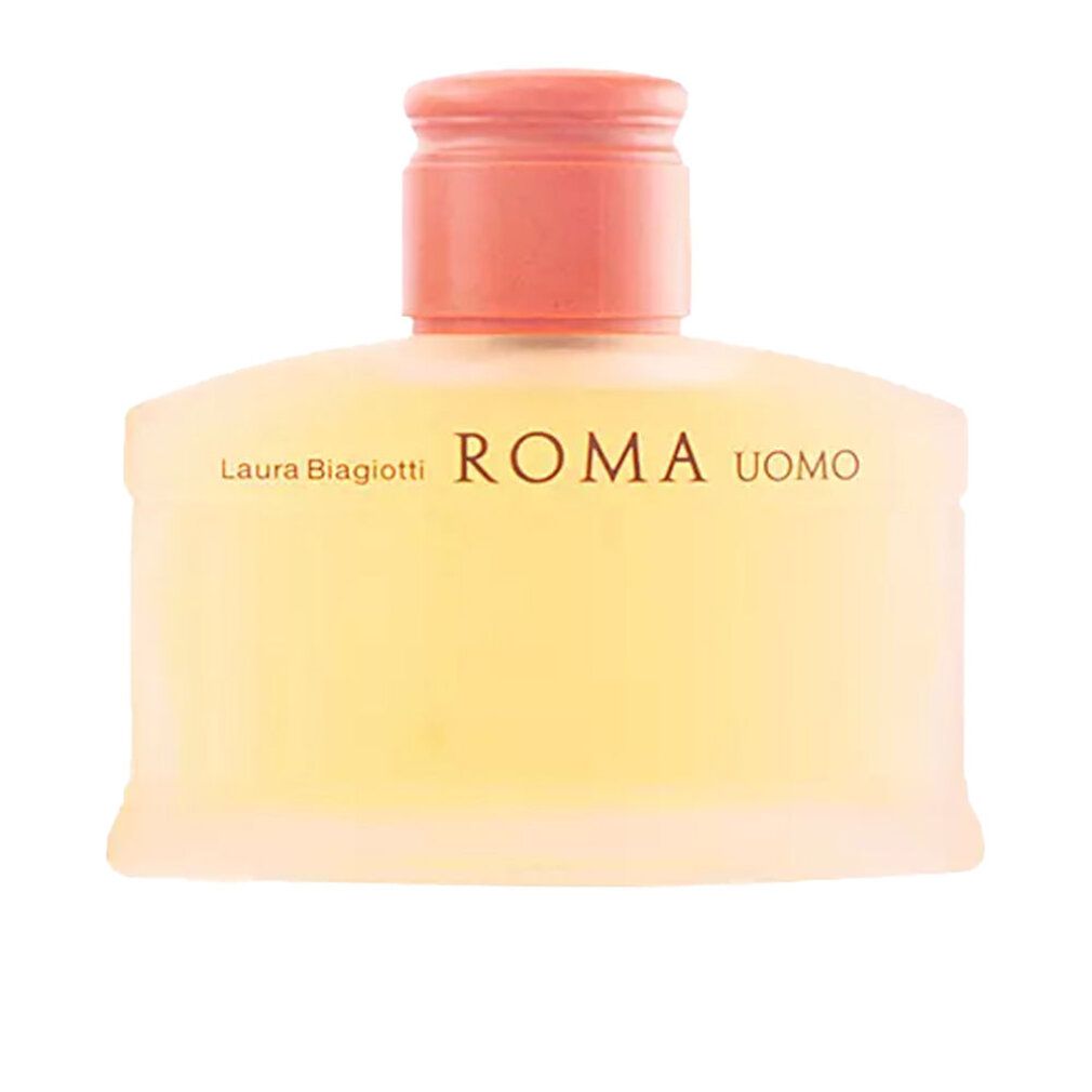 Laura Biagiotti Roma Uomo Eau de Toilette fles met koraalkleurige dop.