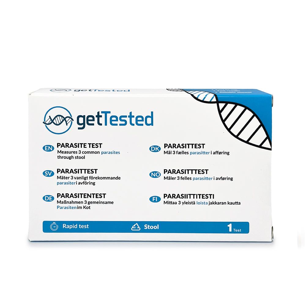 GetTested Parasiet Test verpakking. Wit en blauw. Tekst: Parasiet Test, Rapid Test, Stool, 1 Test. Meertalige informatie.