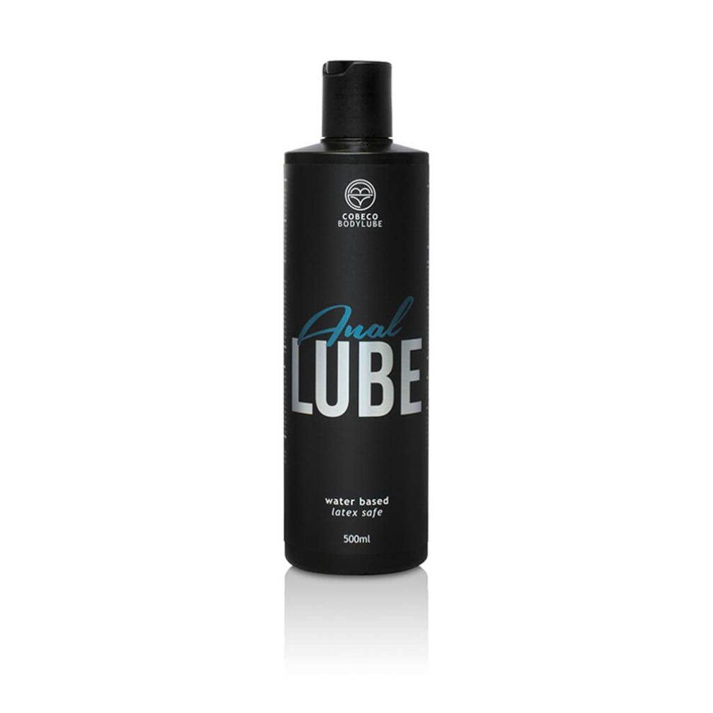 Flacon noir "Anal Lube". Marque Cobeco Bodylube. À base d'eau, sans latex. 500ml.