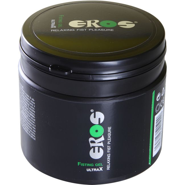 Récipient noir avec couvercle. Inscription: EROS, Fisting Gel Ultra X, Relaxing Fist Pleasure. Logo vert.