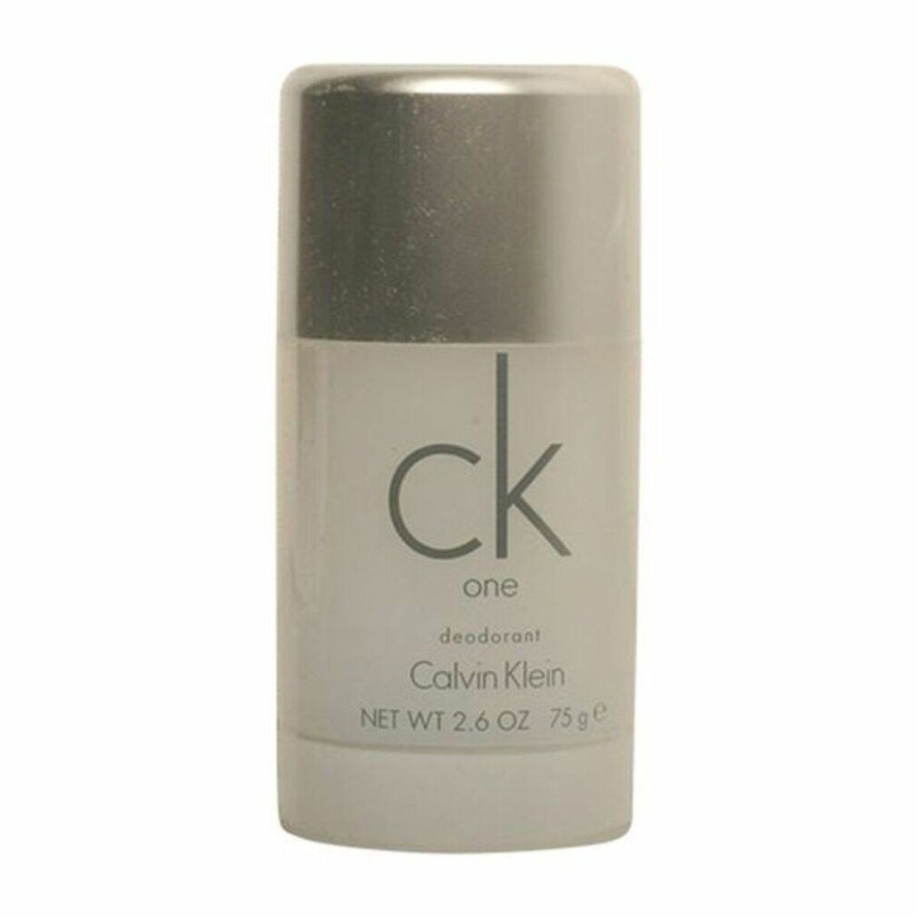 Stick déodorant Calvin Klein One, contenant blanc, bouchon argenté. Inscription: ck one, déodorant, Calvin Klein.