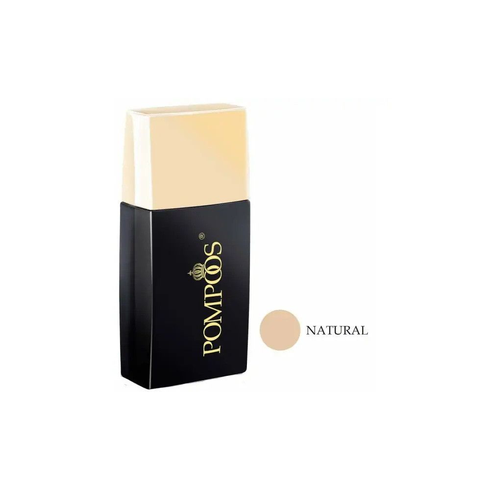 Flacon de fond de teint noir avec inscription dorée Pompöös et teinte NATURAL. Forme rectangulaire, couvercle beige.
