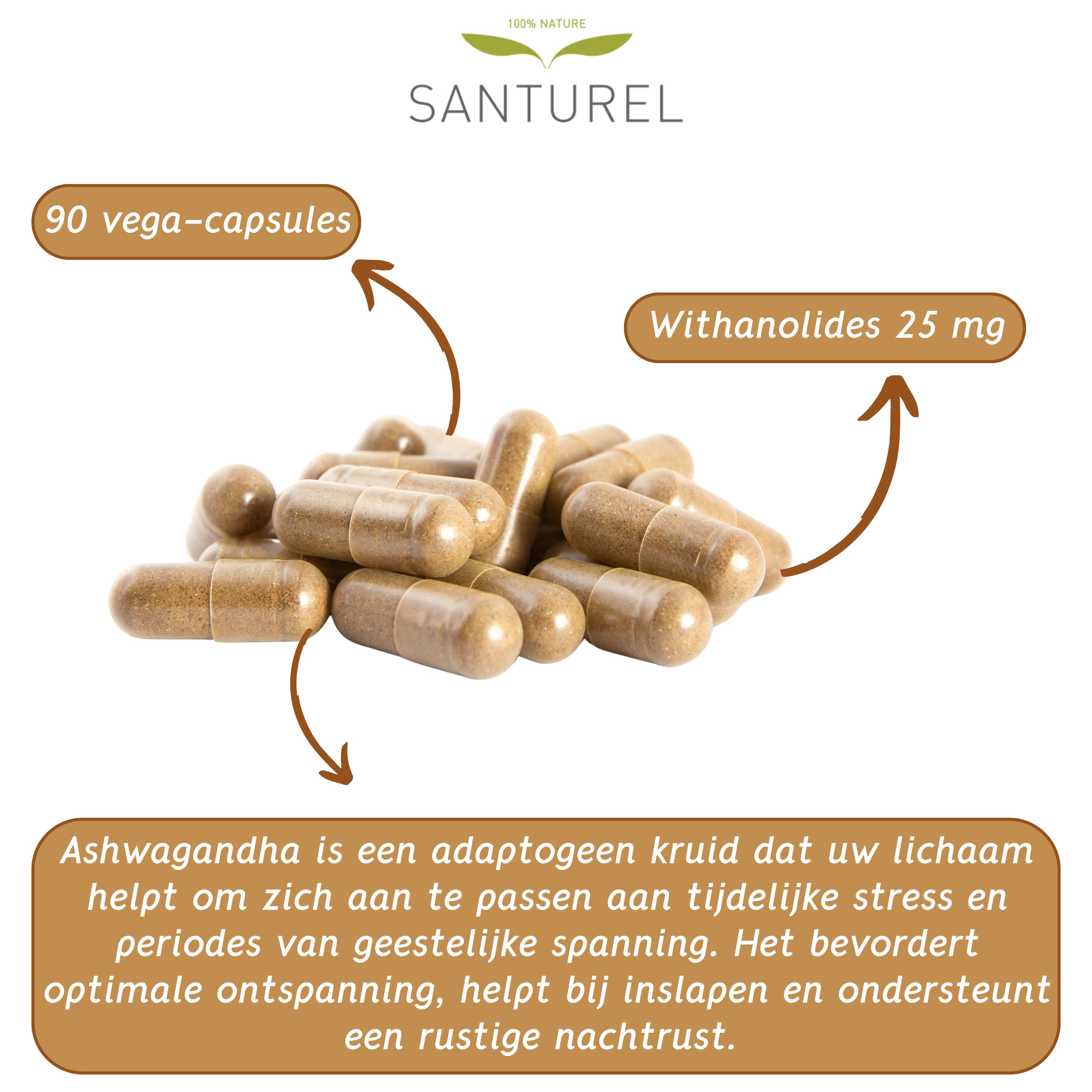 Hoop van 90 capsules. Tekst over Ashwagandha: adaptogeen, helpt bij stress, ontspanning, slaap.
