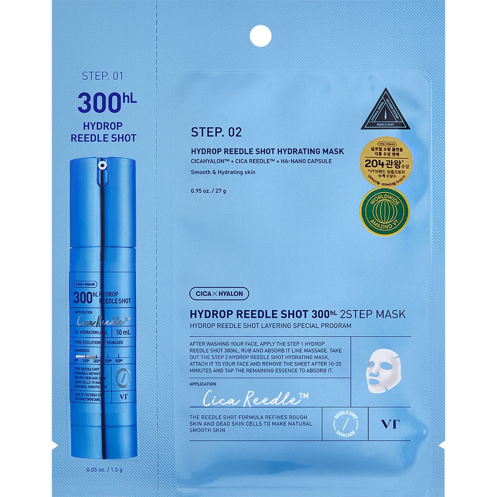 Blauw productpakket met ampul en masker. Opschrift: Hydrop Reedle Shot 300hL 2-Stufen-Tuchmaske. Bevat gebruiksaanwijzingen.