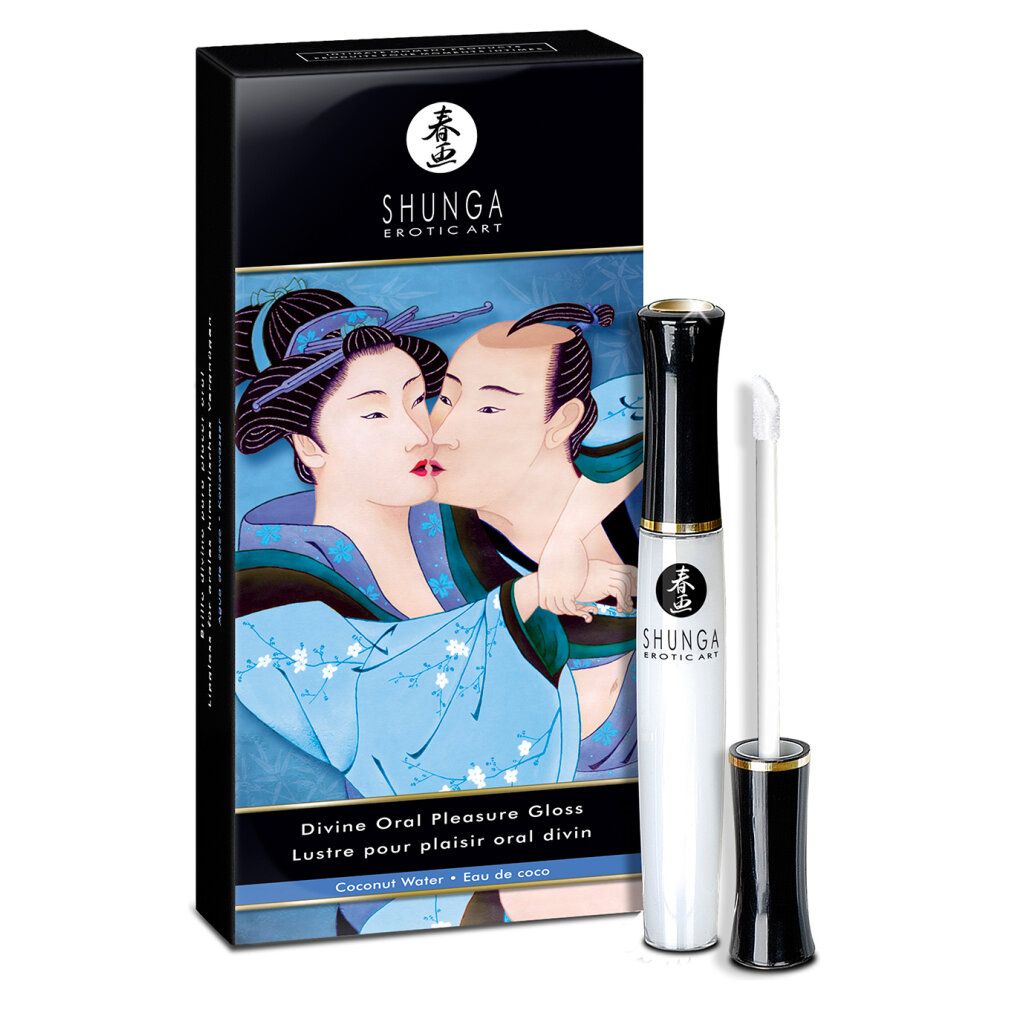 Boîte et flacon. Inscription: Shunga, Divine Oral Pleasure Gloss. Illustration: couple. Eau de coco.