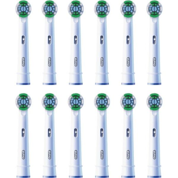 12 têtes de brosse à dents. Têtes blanches avec soies vertes et bleues. Marque Oral-B. Disposées individuellement.