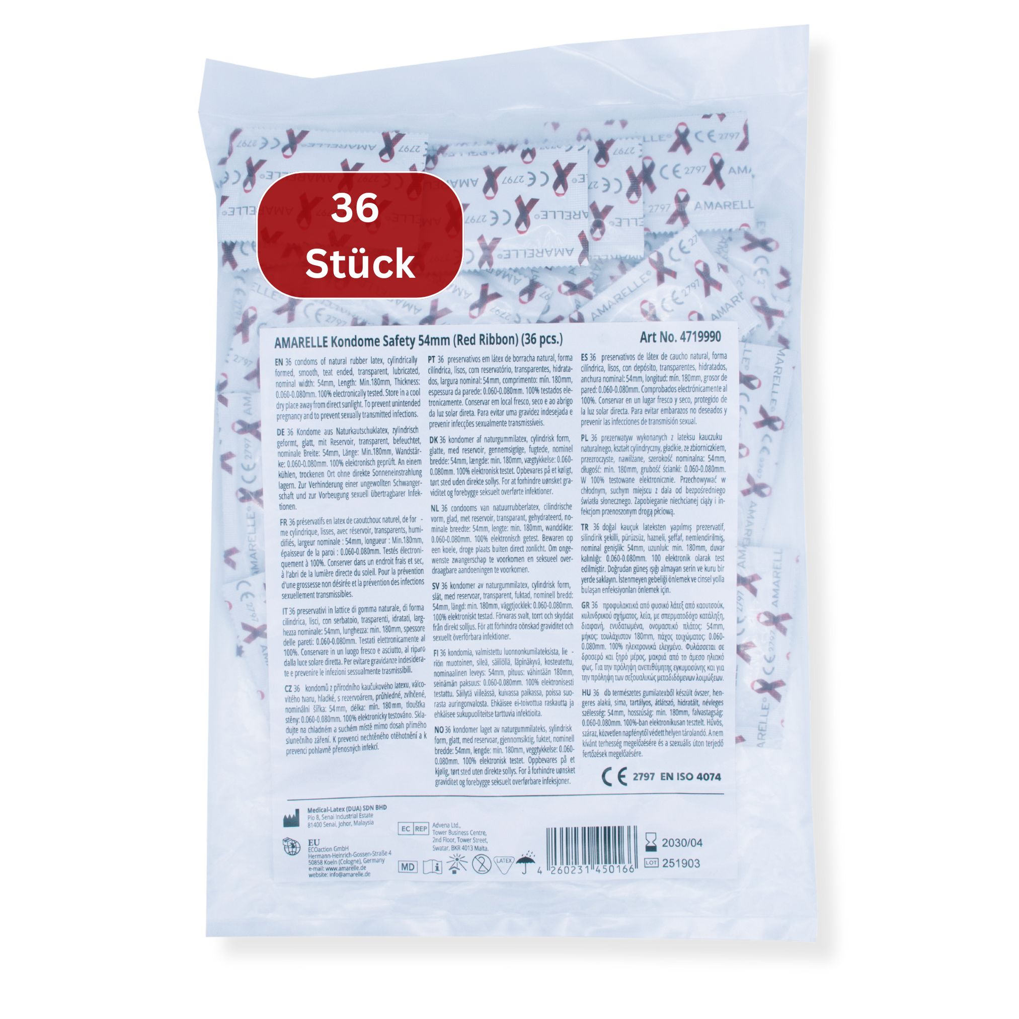 Sachet de préservatifs Amarelle, 36 pièces. Ruban rouge. Texte au dos. Marquage CE.