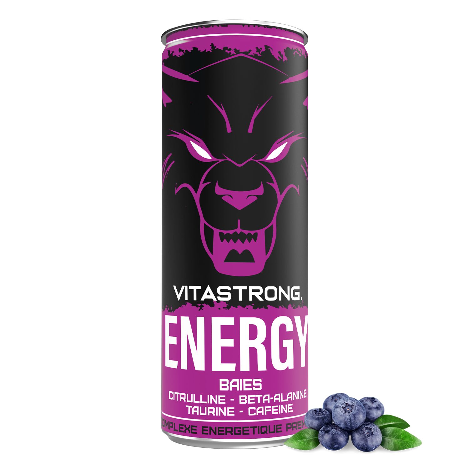 Vitastrong Energy Berries blikje. Paars en zwart ontwerp, blauwe bessen, naam en ingrediënten.