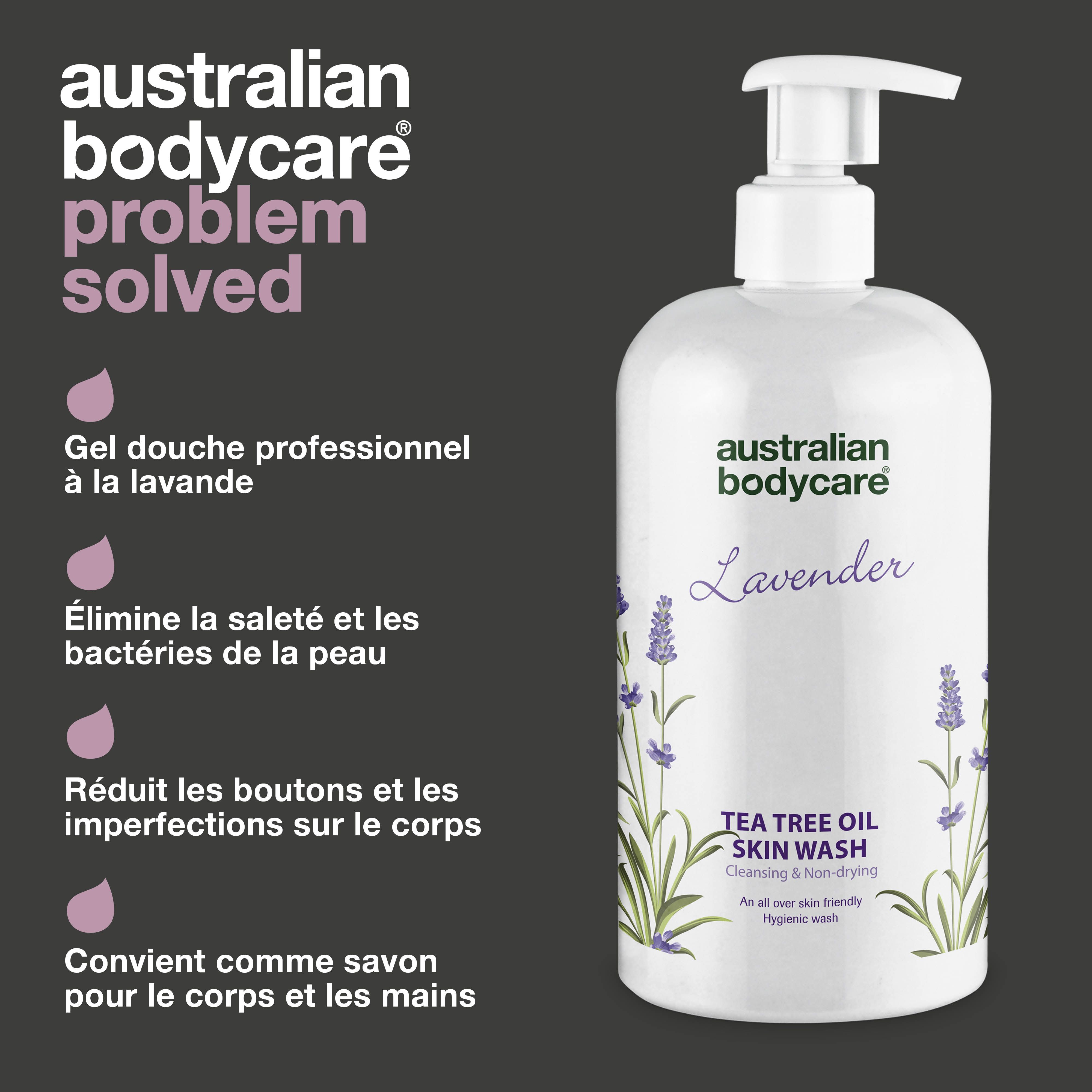 Image du produit: flacon avec pompe. Texte: Australian Bodycare, Gel douche professionnel à la lavande.