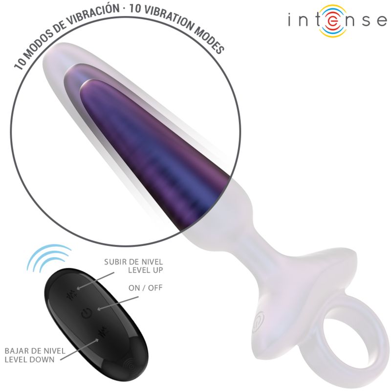 Bouchon anal violet avec anneau de maintien et télécommande. Montre 10 modes de vibration et la fonction de charge.