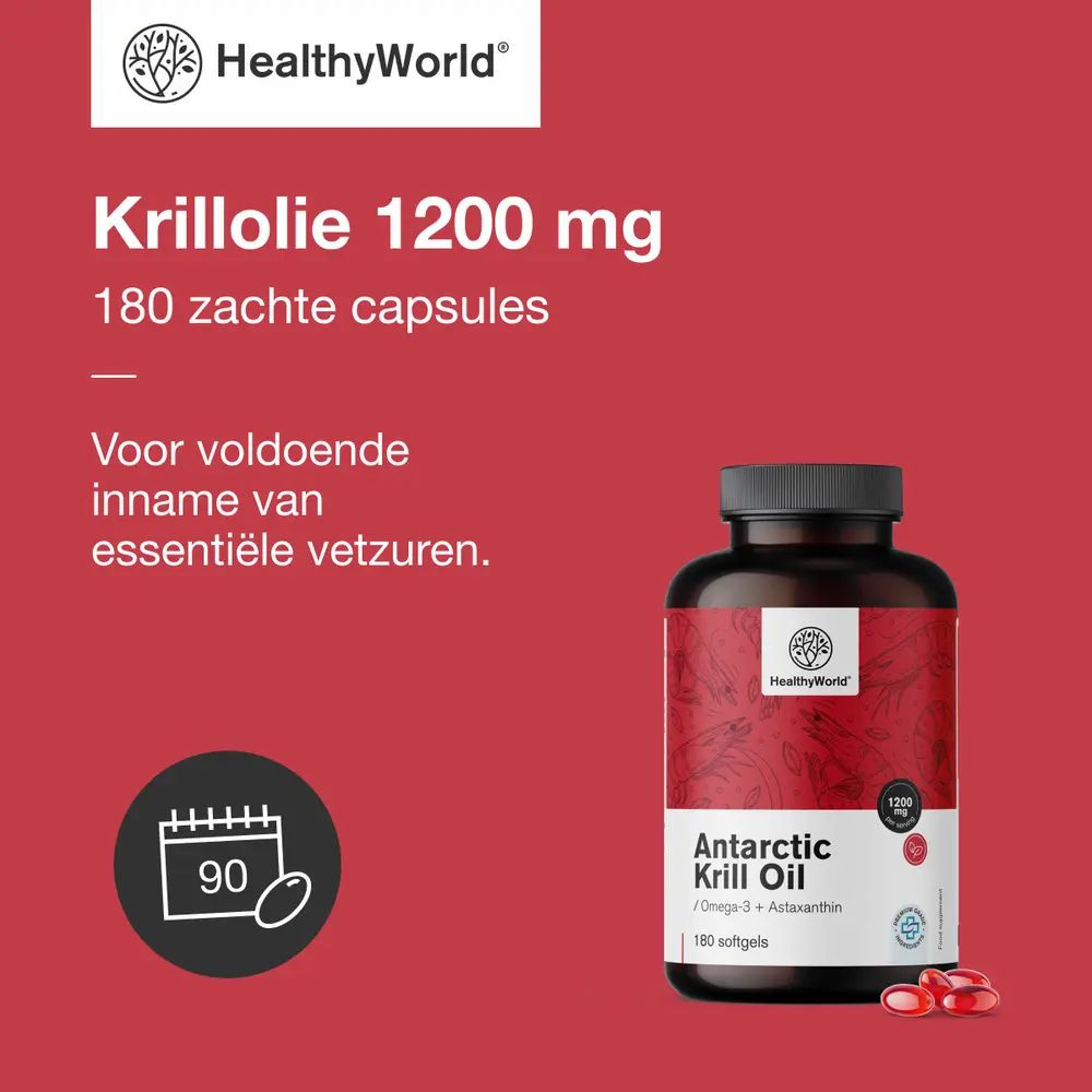 Productafbeelding met tekst: Krillolie 1200 mg, 180 zachte capsules. Tekst: Voor voldoende inname van essentiële vetzuren.