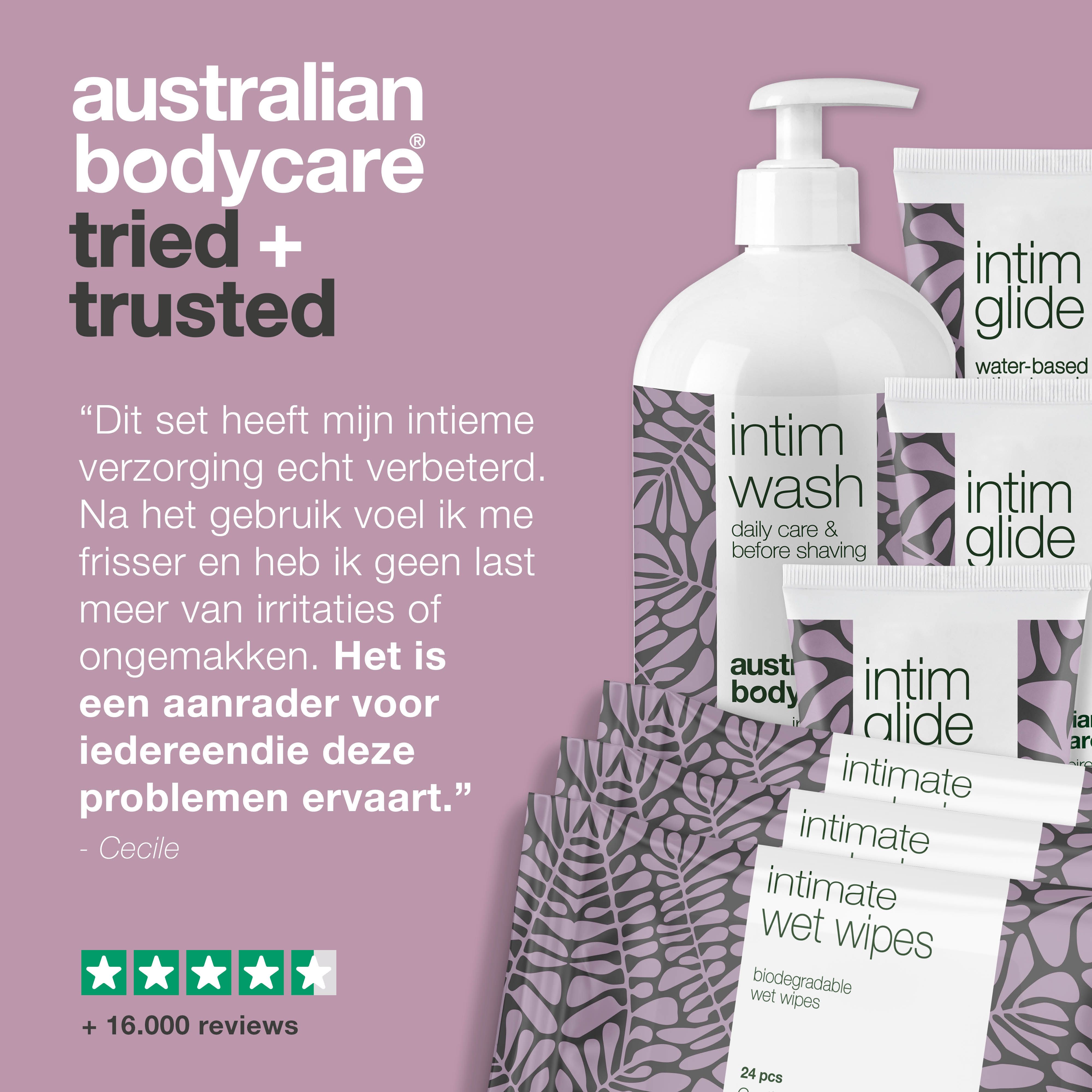 Set intieme verzorgingsproducten. Producten Intim Wash, Glide, Wet Wipes. Tekst: Tried + Trusted.