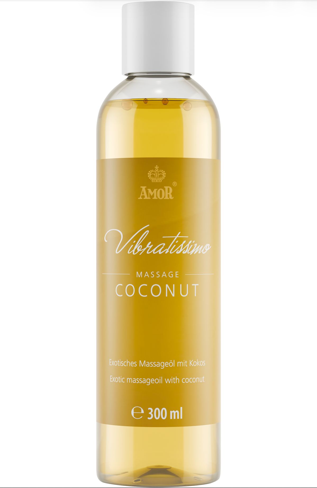 Huile de massage Vibratissimo Coconut, 300 ml. Huile jaune dans une bouteille transparente avec bouchon blanc.