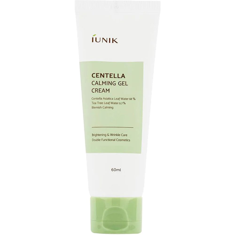 Tube blanche, bouchon vert. Inscription: iUNIK, Centella Calming Gel Cream, 60ml. Texte: Centella Asiatica Leaf Water 30%.