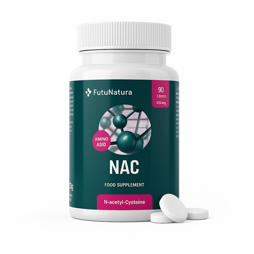 Witte fles met tabletten. Opschrift NAC, 600 mg, 90 tabletten. Aminozuur-logo. Tabletten ernaast.