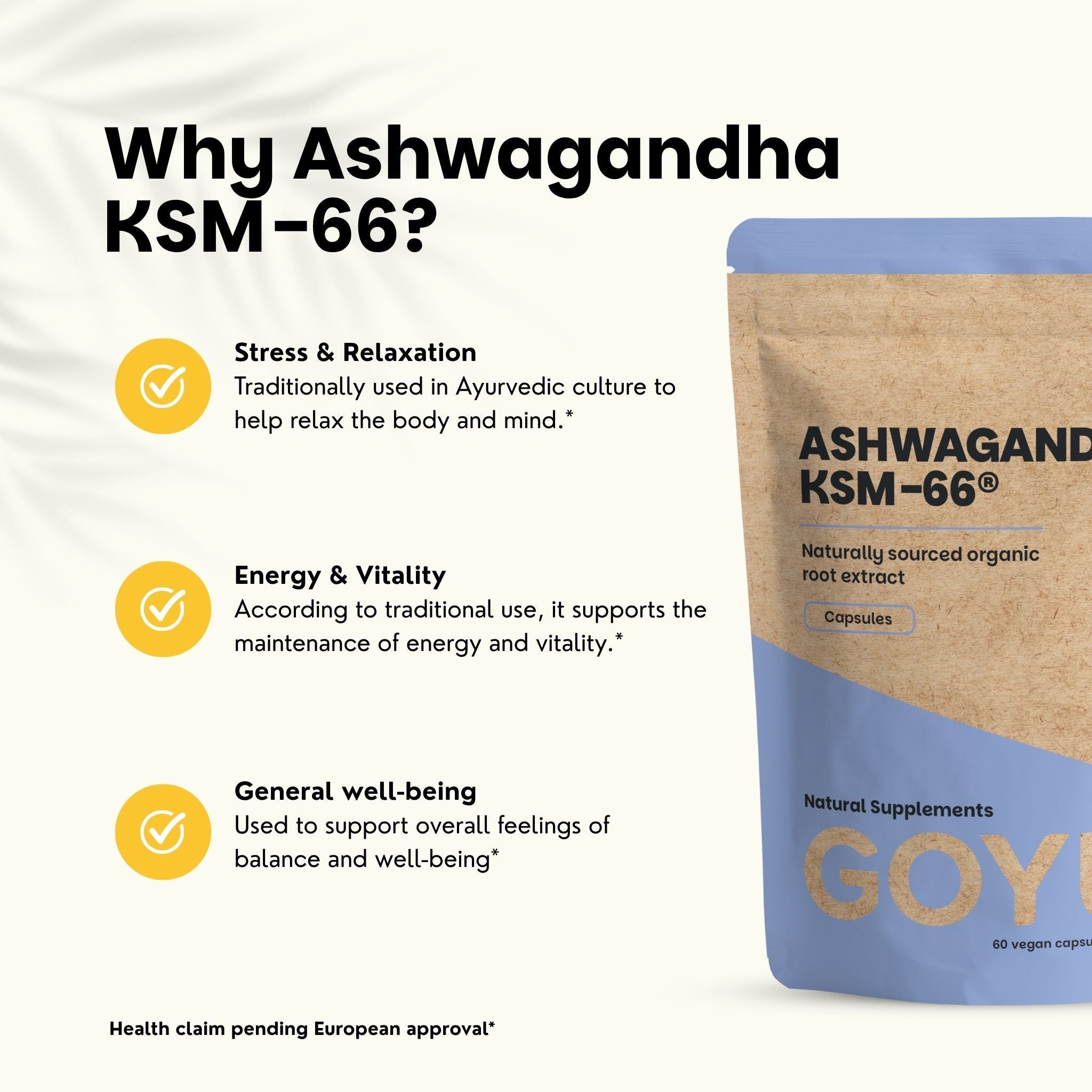 Pochette marron avec capsules Ashwagandha KSM-66, 500 mg, extrait bio, à côté de feuilles vertes.
