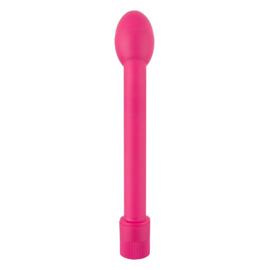 Vibrateur rose avec tête ovale et tige droite. Base cannelée.
