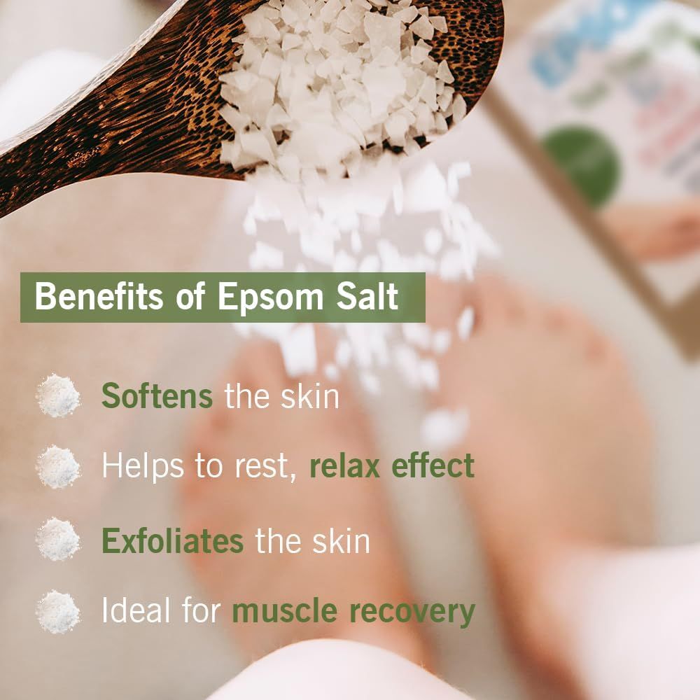 Cuillère en bois avec sel au-dessus des pieds. Texte: 'Benefits of Epsom Salt'. Avantages: peau douce, relaxant, exfoliant, récupération musculaire.