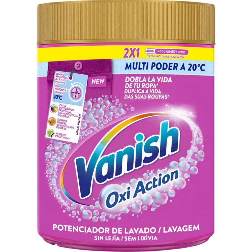 Ronde pot Vanish Oxi Action vlekverwijderaar. Paarse pot met gouden deksel. Tekst: Multi Poder, 2X1, Oxi Action.