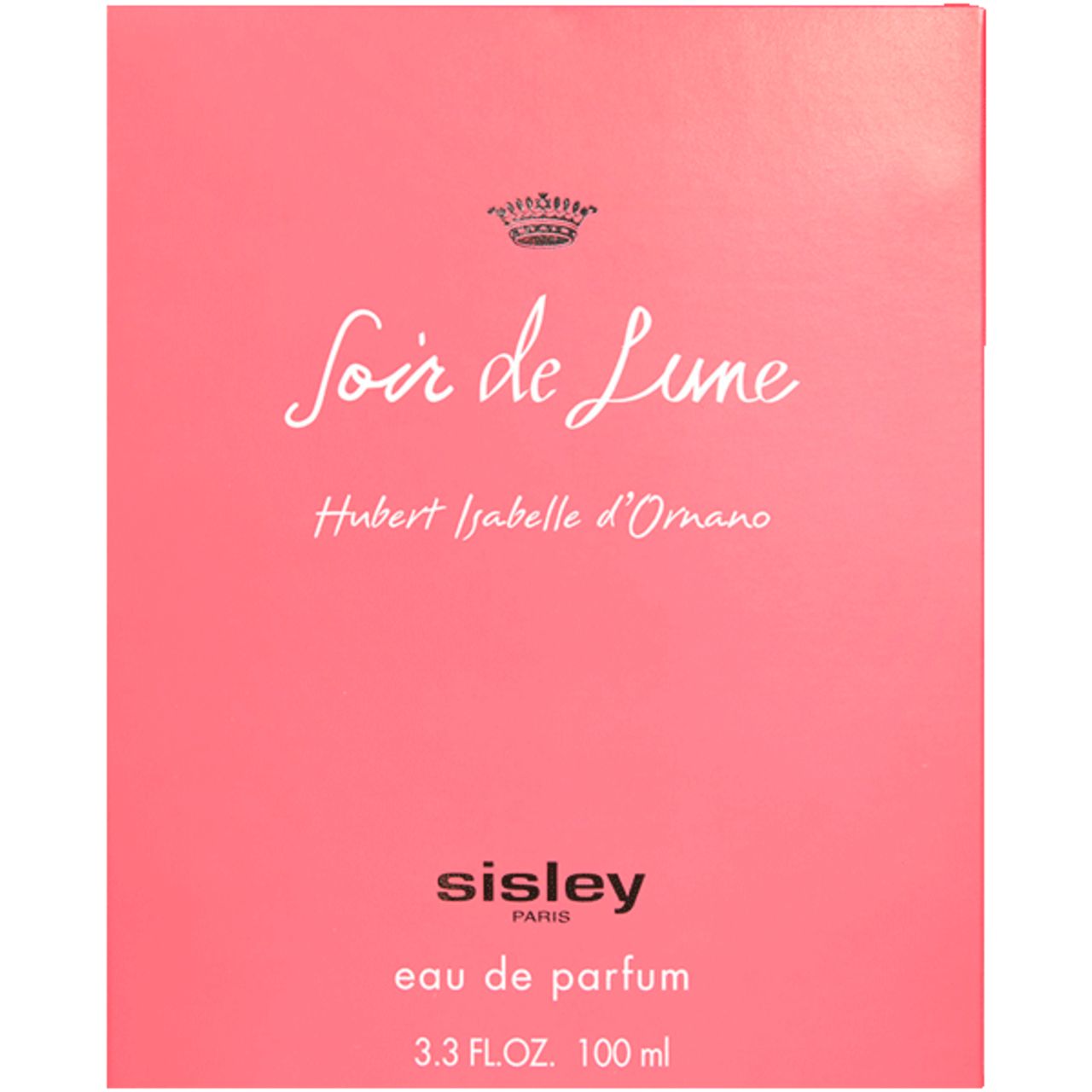 Roze doos. Opschrift: Soir de Lune, Hubert Isabelle d'Ornano, Sisley Paris, Eau de Parfum, 3.3 FL.OZ. 100 ml.
